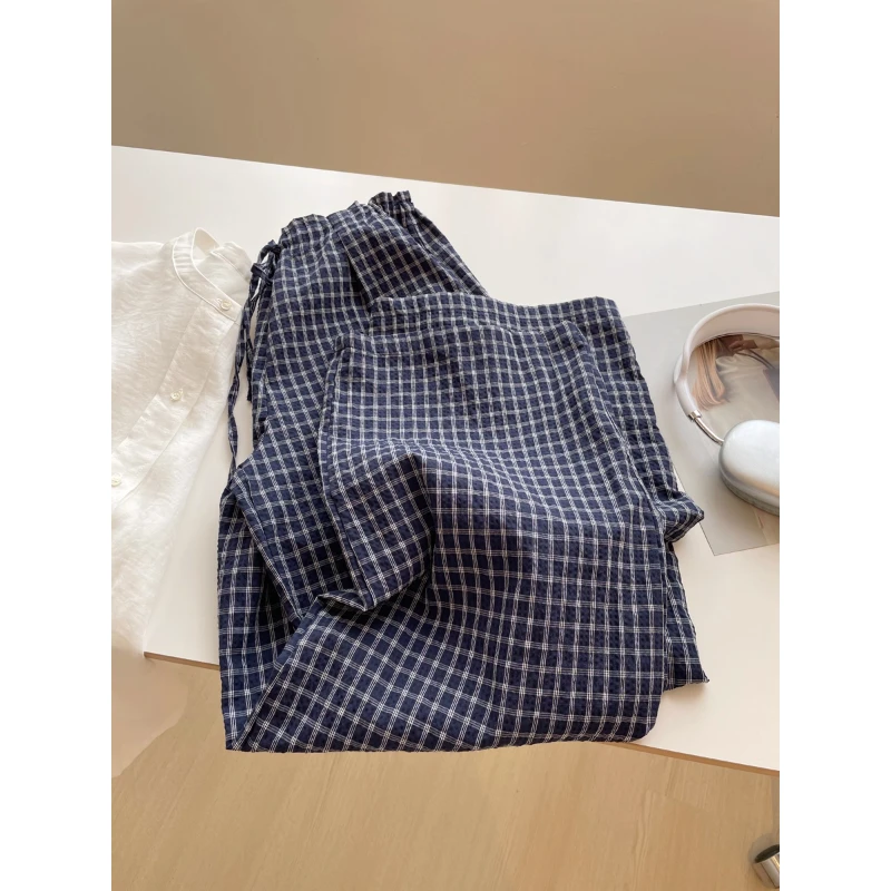 韩系泡泡棉格子裤百搭宽腰系带松紧高腰宽松时尚长裤防晒阔腿裤潮