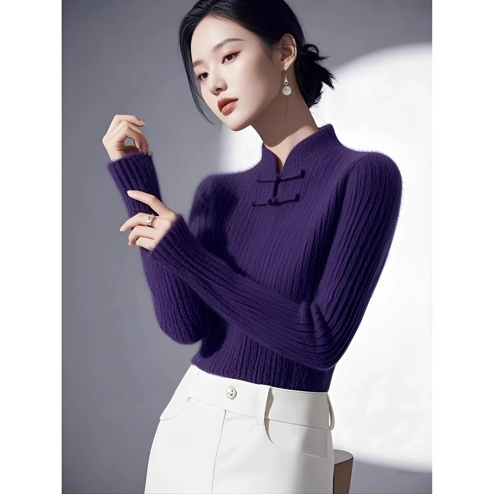 新中式国风盘扣紫色毛衣女2025秋冬新款修身显瘦复古气质针织上衣