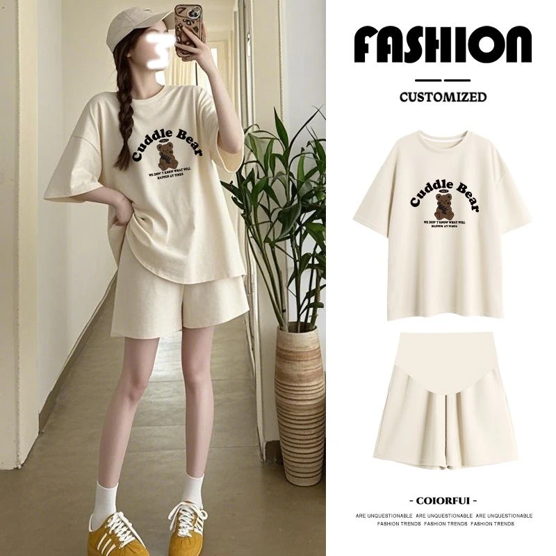 2025夏季新款透气休闲宽松款小熊图案上衣托腹显瘦短裤两件套