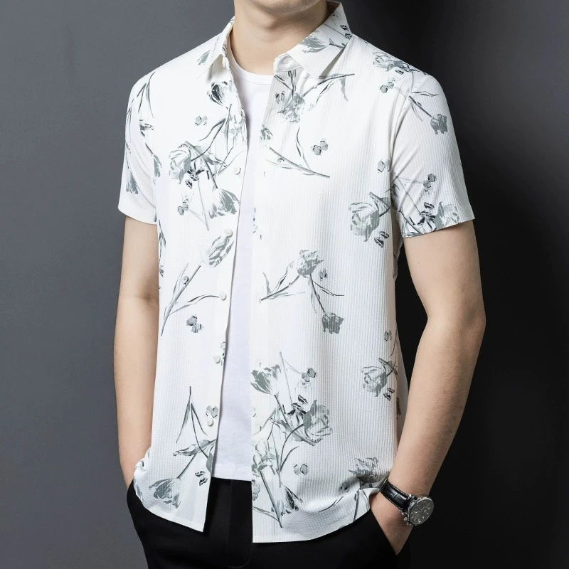夏季冰丝滑料男士短袖白衬衫碎花中国风潮流中年爸爸弹力印花衬衣