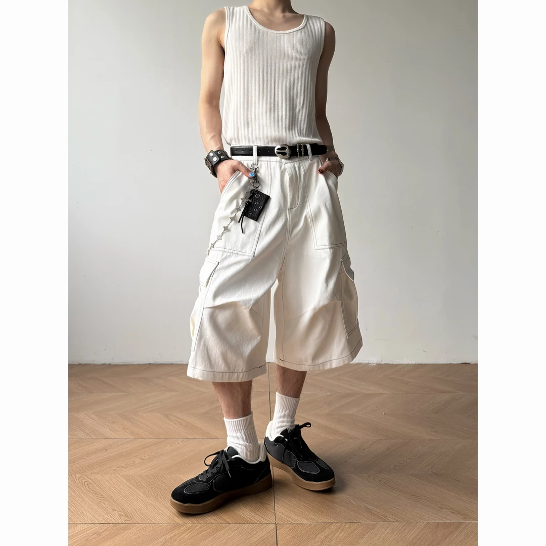 WIND BLOWS2025夏季解构明线白色休闲七分裤美式复古工装短裤