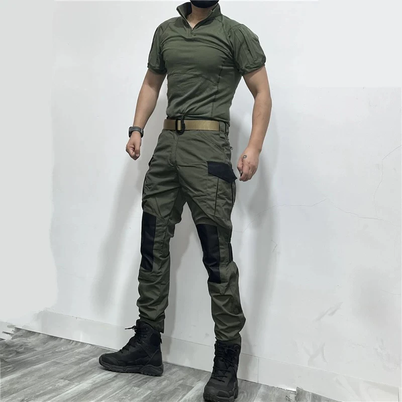 男春夏户外战术防泼水束脚裤弹力修身健身短袖T恤工作服登山休闲