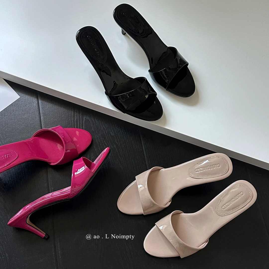 7cm牛皮女胶粘千金风一脚蹬高跟法式鱼嘴时尚百搭法式细跟女