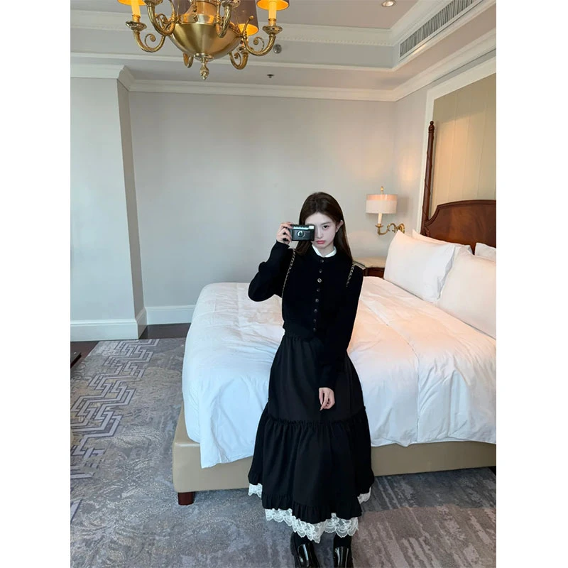 2025早秋新款气质小香风修身针织长袖开衫高腰显瘦休闲百搭半身裙