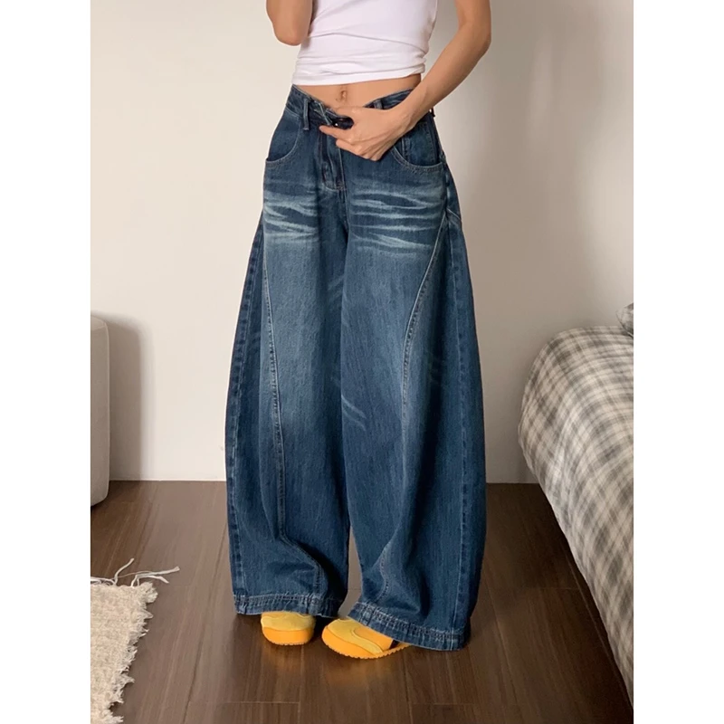 美式复古折痕弯刀牛仔裤女2025夏季新款宽松显瘦镰刀阔腿拖地长裤