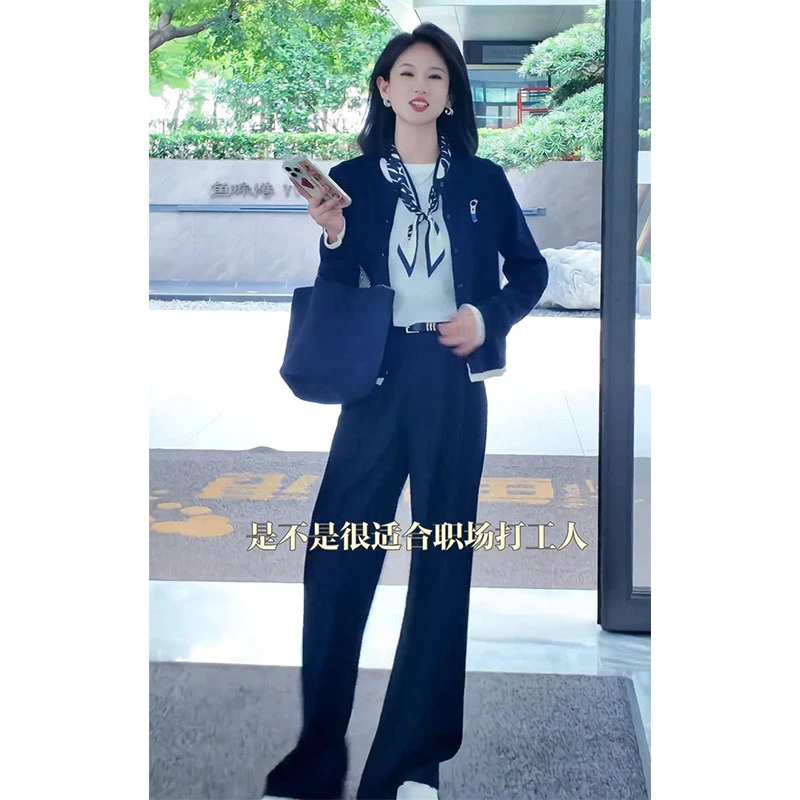 2025年秋季时尚显瘦套装干练气质丝巾文艺长袖针织开衫垂感休闲裤