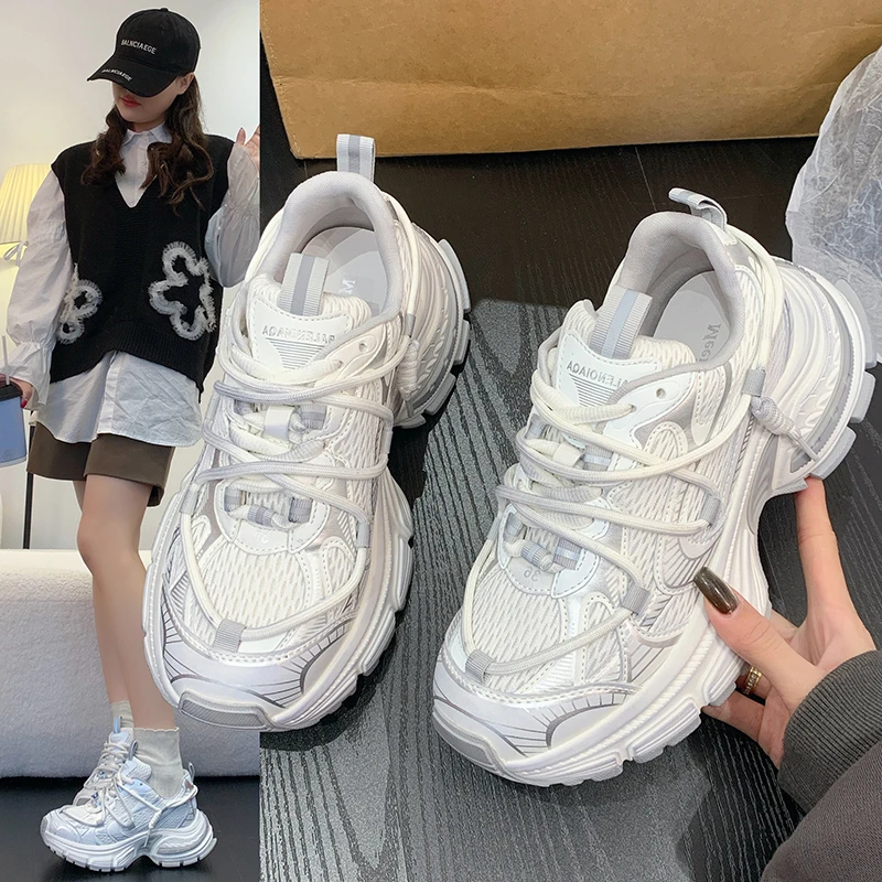 复古真皮厚底网面增高老爹鞋女透气运动交叉绑带休闲鞋LXE&25106