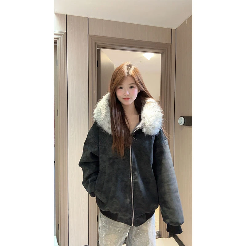 OWH 【800克重磅一体毛】可拆卸毛领加绒加厚连帽座山雕保暖棉衣