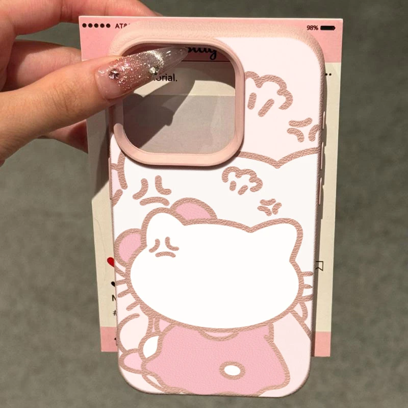 镂空KT猫适用苹果16p/15手机壳iPhone14promax13荔枝纹12软11防摔