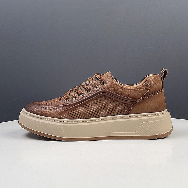 板鞋男士夏季新款薄款透气厚底真皮鞋子男款复古时尚百搭休闲男鞋