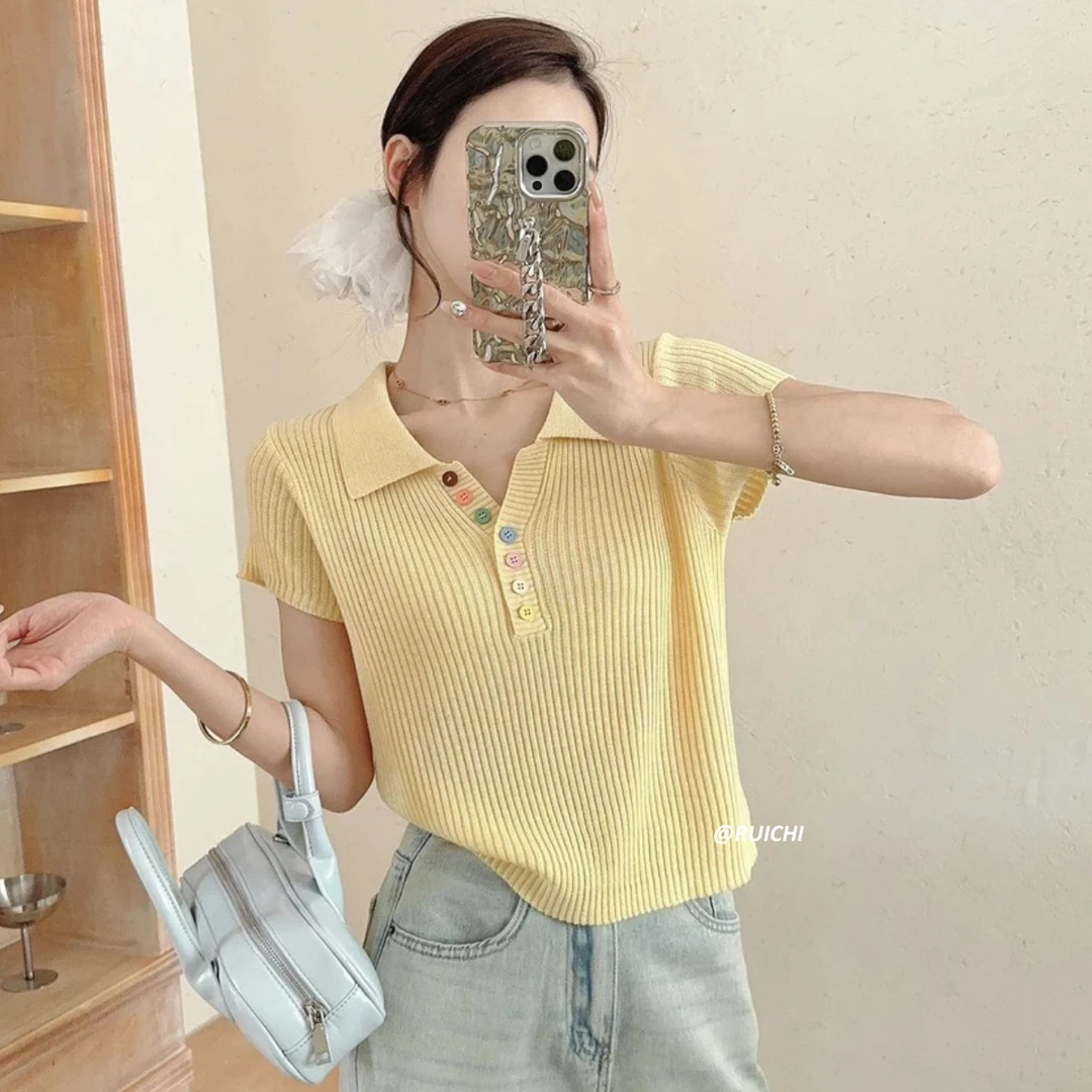 自带滤镜~欧若风彩扣慵懒内搭打底衫2025夏季简约针织短袖