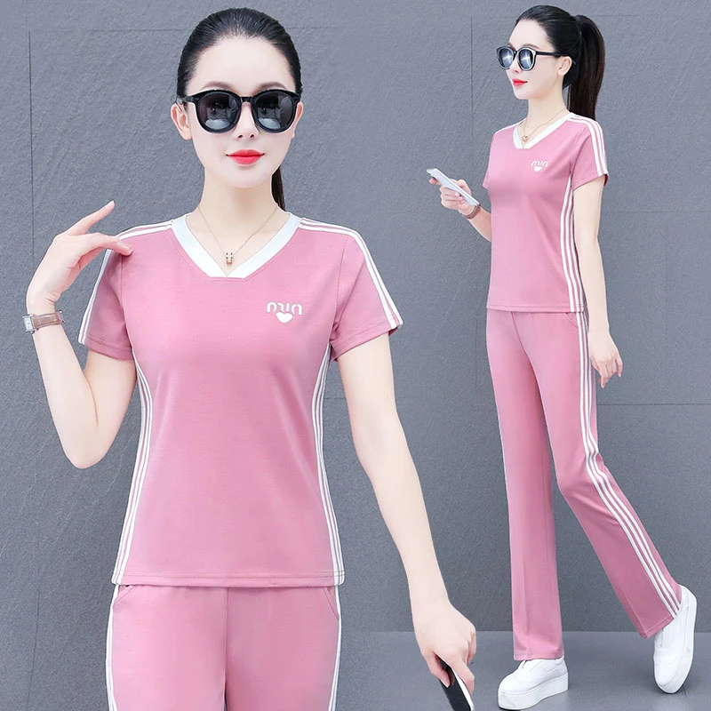 运动服套装女2025夏季新款洋气显瘦减龄短袖女装直筒裤两件套