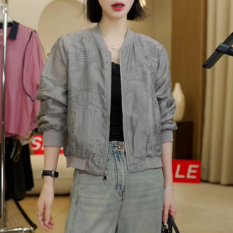 时尚百搭立领提花外套女春秋2025年新款宽松显瘦休闲夹克短款上衣