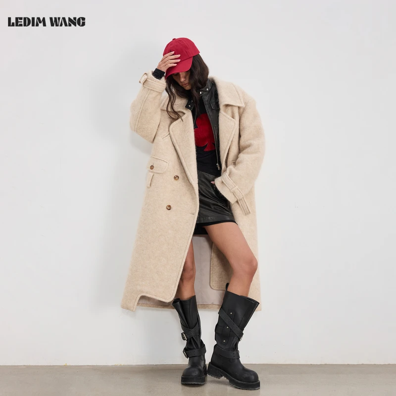 LEDIM WANG羊驼绒毛呢外套宽松长款燕麦色高智感大衣女25冬新款