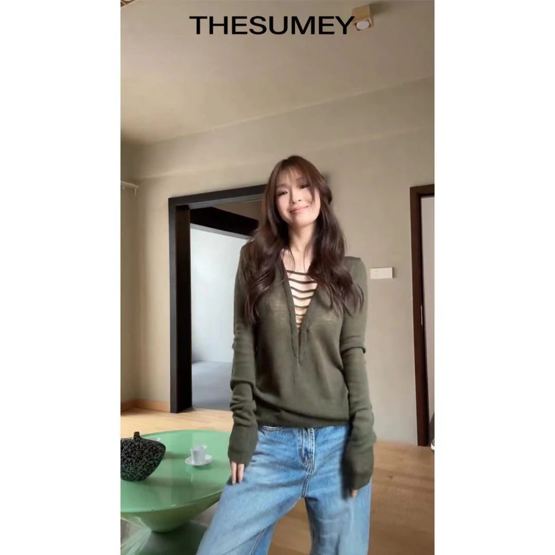 THESUMEY镂空V领长袖针织衫上衣女2025春季新款显瘦宽松百搭毛衣
