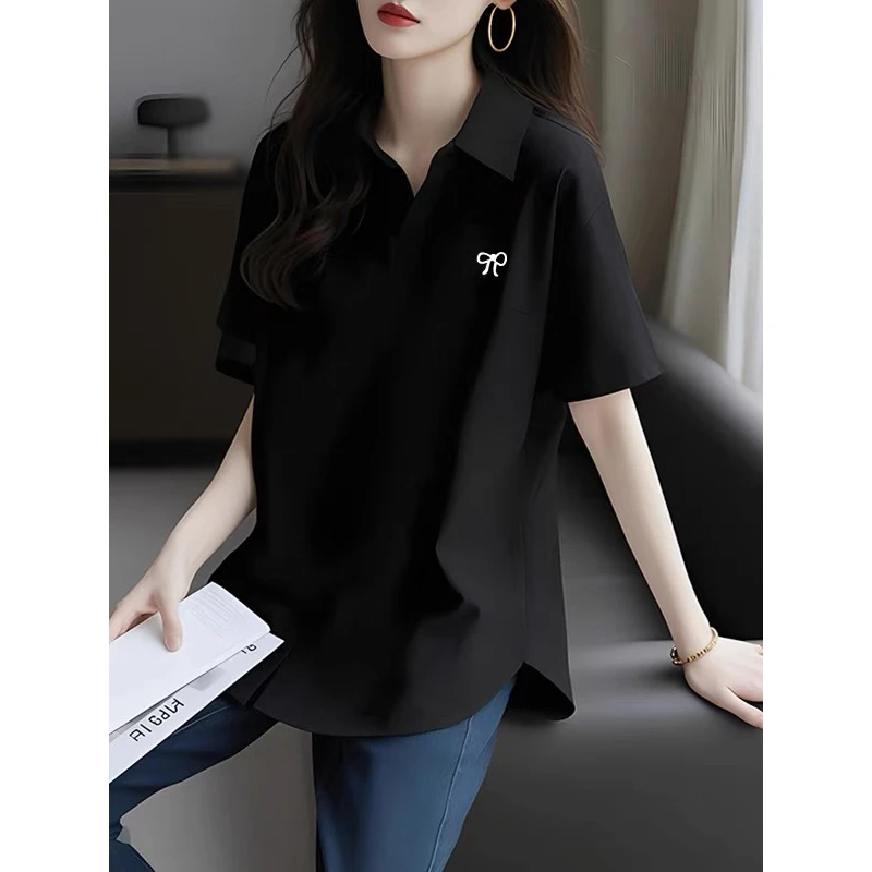 欧货POLO领2025新款夏季纯棉黑色短袖T恤女宽松显瘦遮肉打底上衣