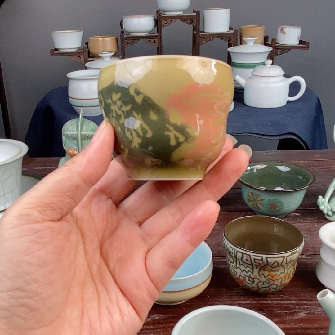 朱砂胎米黄釉拓印刻花工艺葫芦杯 不开片