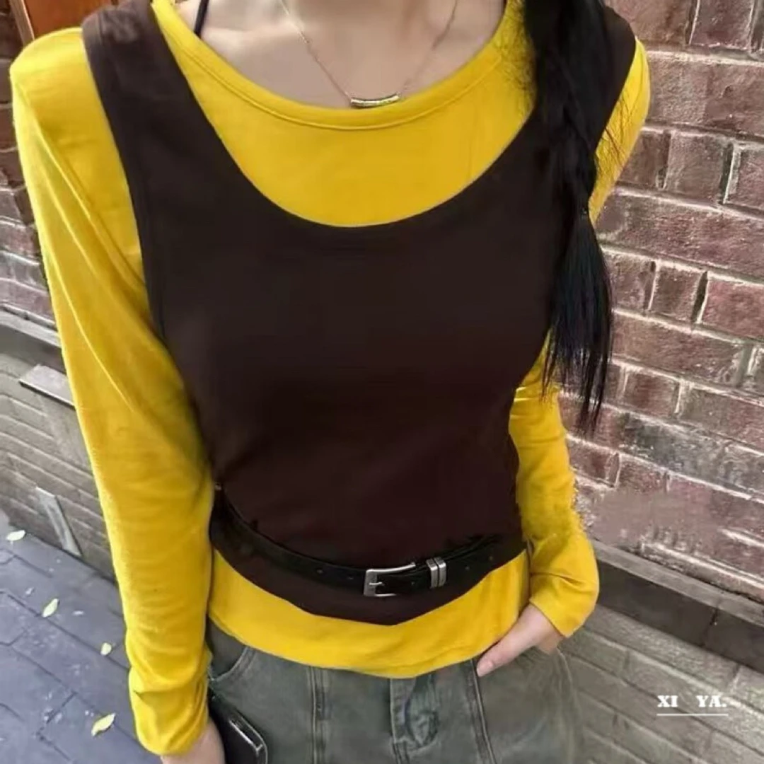 两件套拼接老钱风时尚显瘦T恤常规款长袖T恤+背心套装(配腰带)