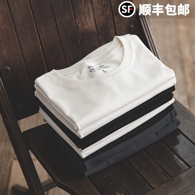 马登工装 美式复古重磅T恤男推荐基础圆领白色正肩半袖短袖男装夏