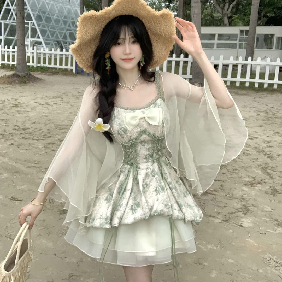 春季新款精灵森林收腰公主吊带裙防晒显瘦开衫两件套