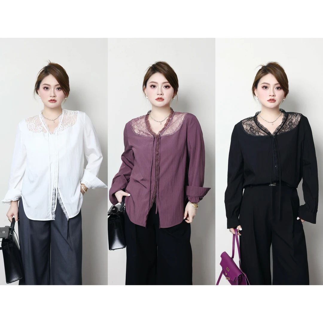 QC杨杨【心动赴约】微胖大码女装气质水溶蕾丝拼接衬衫ZY501K24