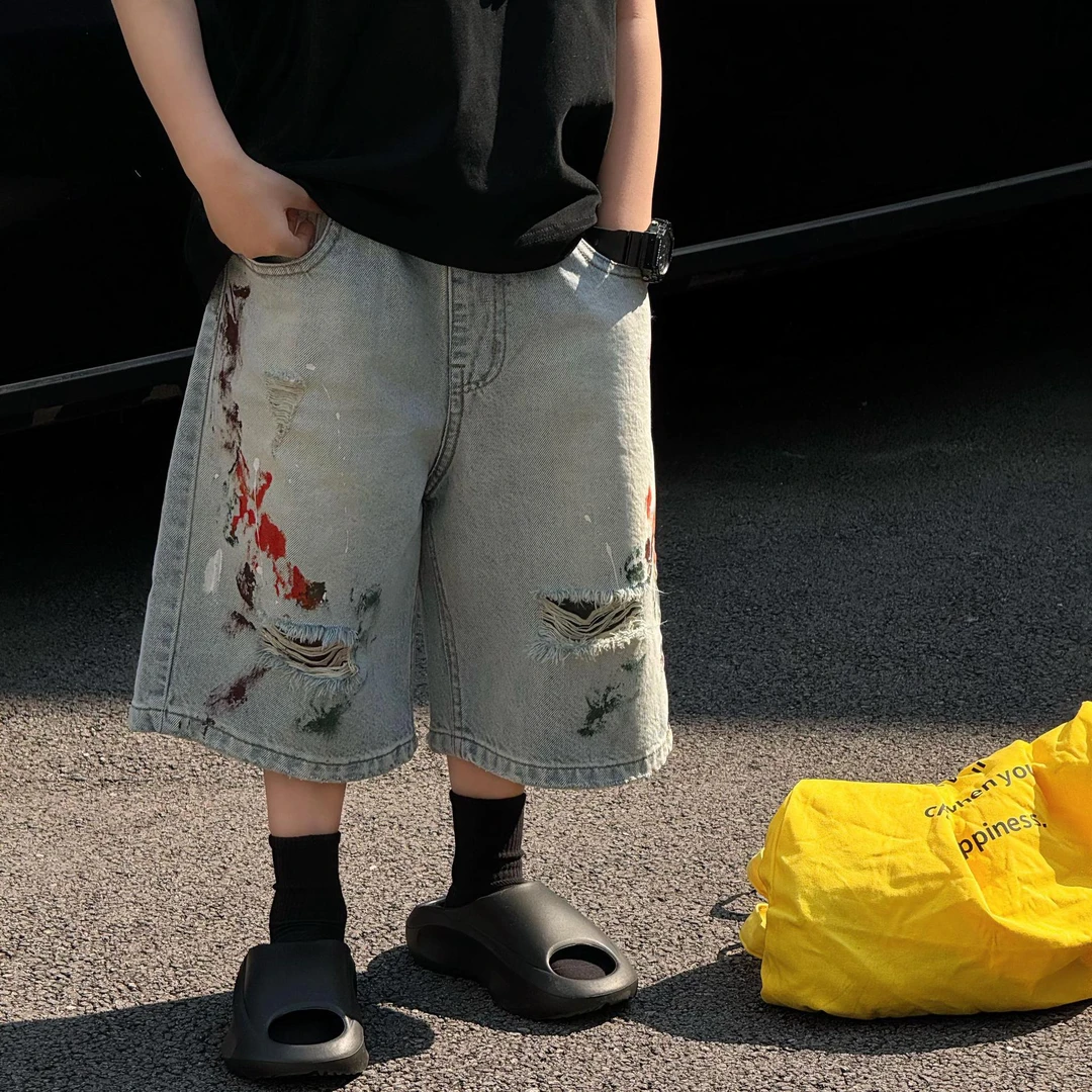 A.MU2025夏季新款韩版男童时尚百搭洋气擦色牛仔裤儿童短裤潮