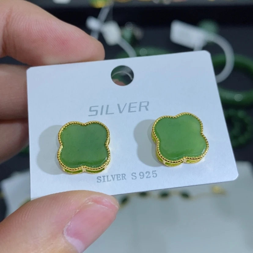 【闪购商品】和田玉（碧玉）耳饰银S925镶嵌