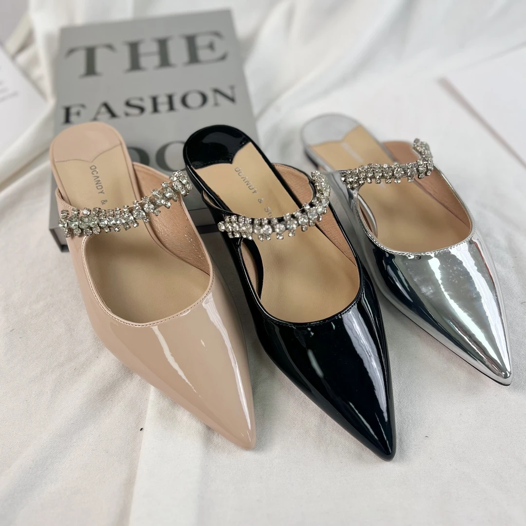 新款包头半拖外穿水钻中跟尖头平底穆勒女鞋8072