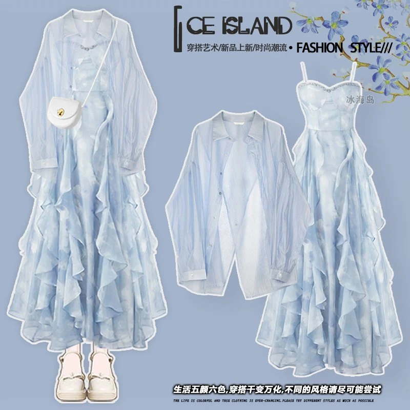 夏季穿搭一整套2025新款设计感雪纺防晒衬衫显瘦吊带连衣裙两件套