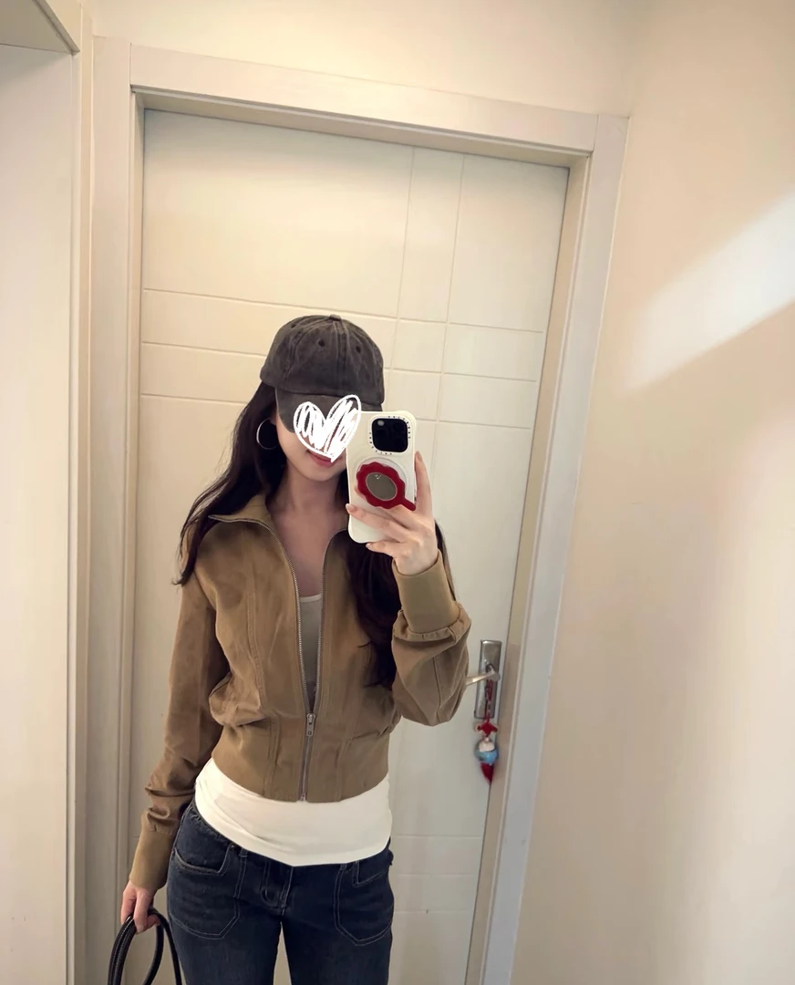 美式复古棕色立领夹克外套女早秋季2025新款春秋修身短款拉链上衣