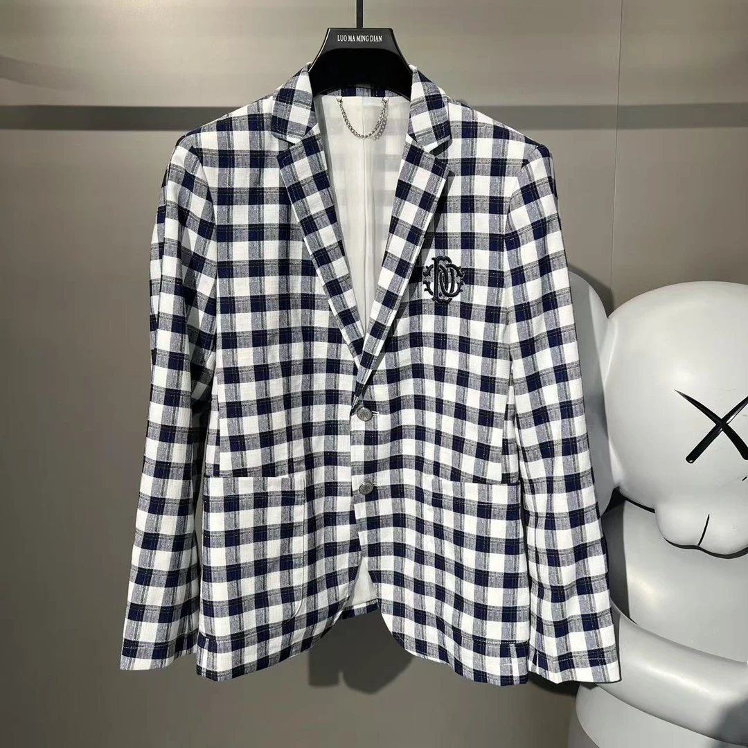 新款高端男士潮流百搭个性胸标格纹休闲西服XXF6338