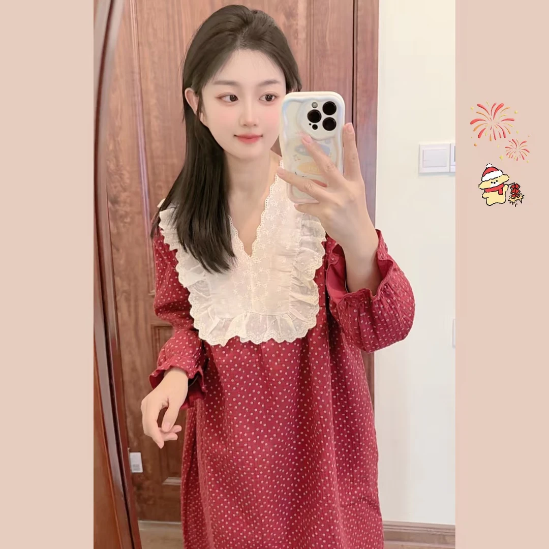 新款纯棉婴儿棉纱蕾丝V领家居睡裙