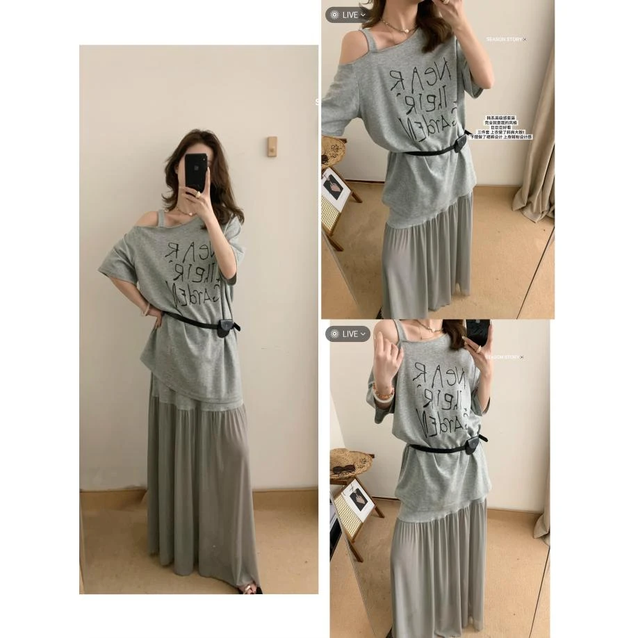 SS/SEASON STORY 网纱拼接半身裙套装字母印花斜肩上衣两件套