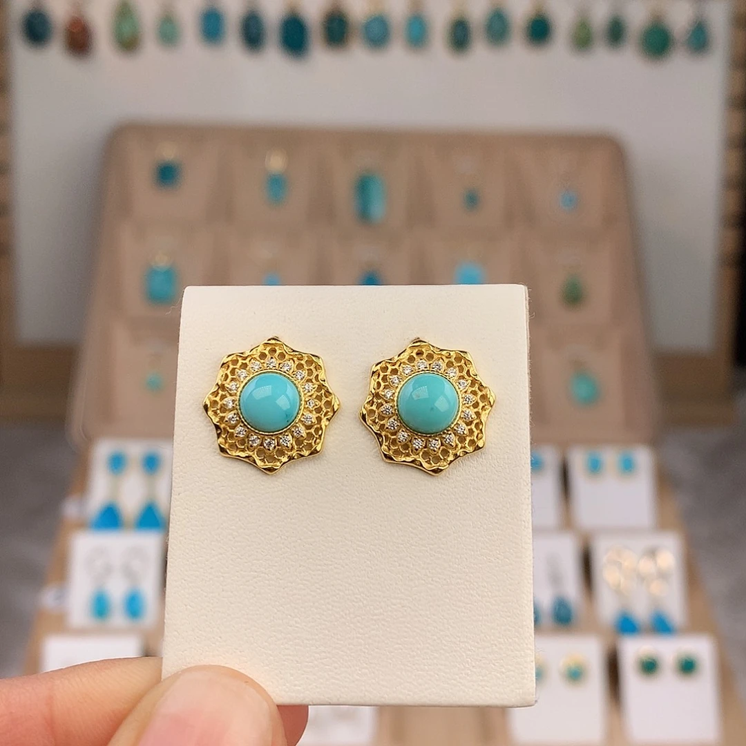 绿松石银S925镶嵌耳饰