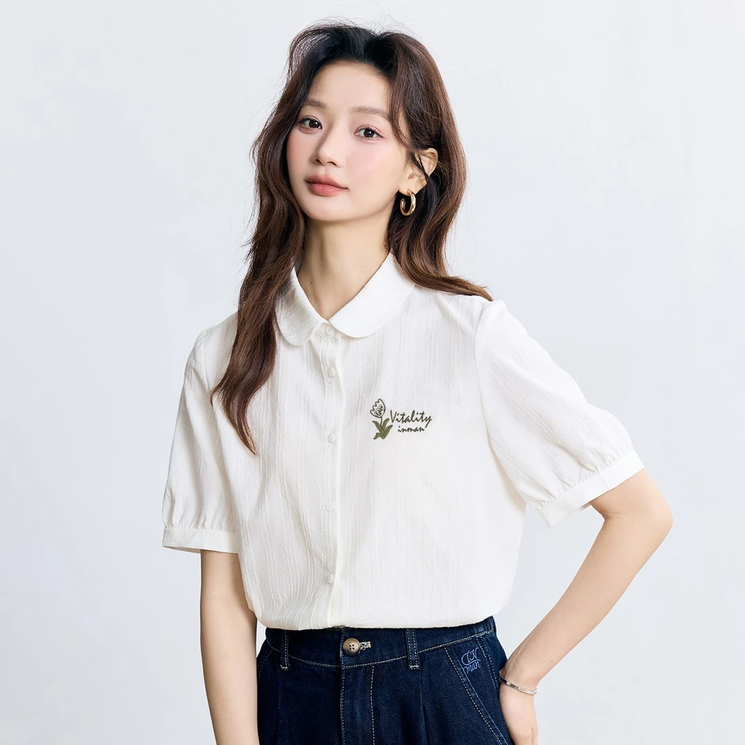 茵曼夏季新款白色100%棉舒适休闲简约纯色刺绣肌理感百搭短袖衬衫