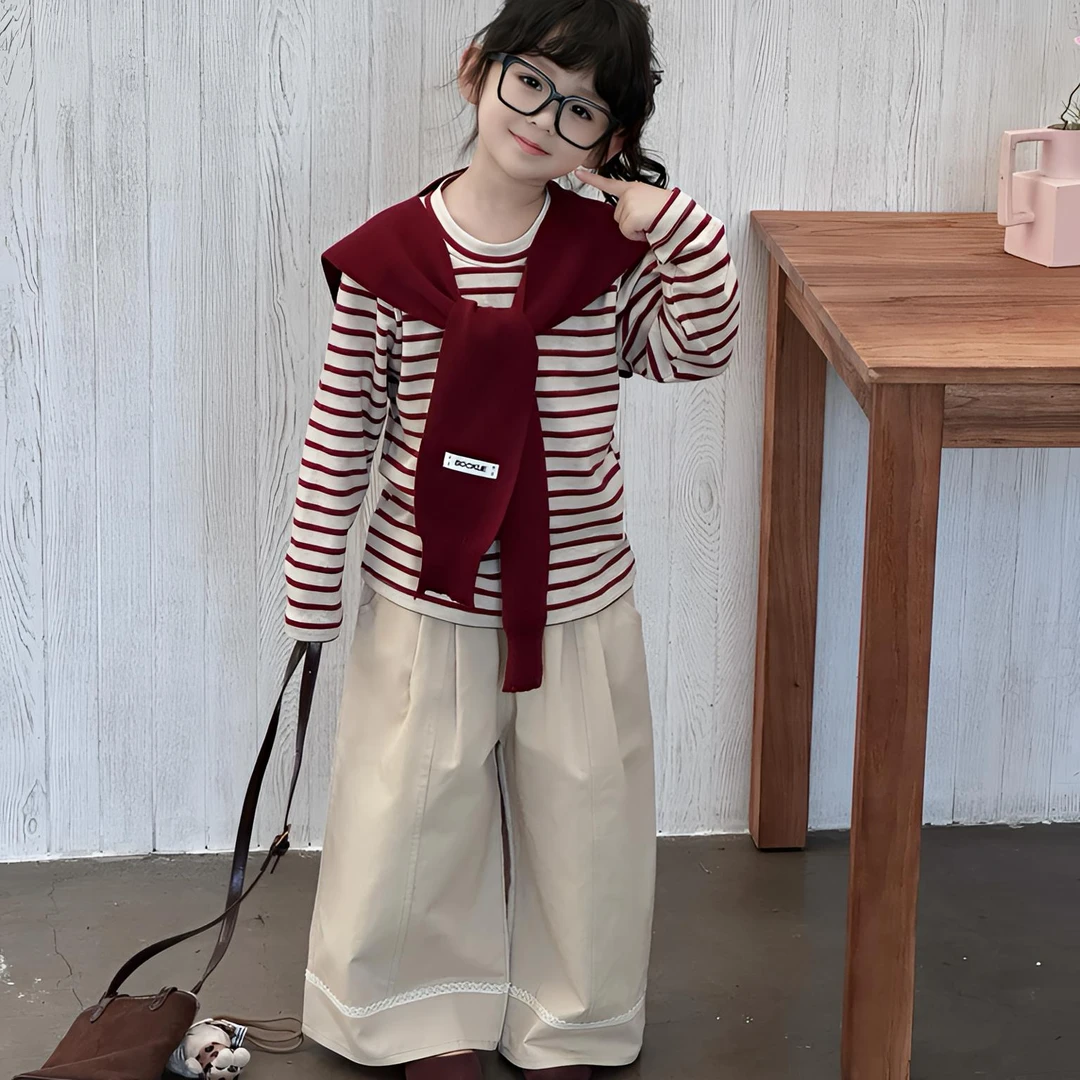 2025女童秋季百搭条纹长袖上衣洋气毛线披肩韩版休闲阔腿裤三件套