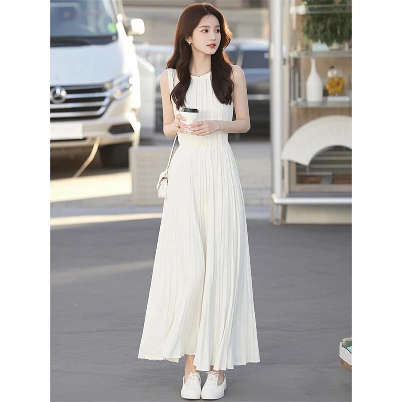 法芬图白色无袖背心连衣裙女夏季2025新款高端精致收腰气质裙子女
