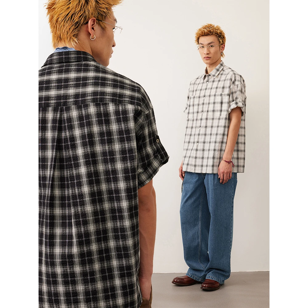 COMMON SCENTS色织格纹泡泡纱贴袋短袖宽松衬衫