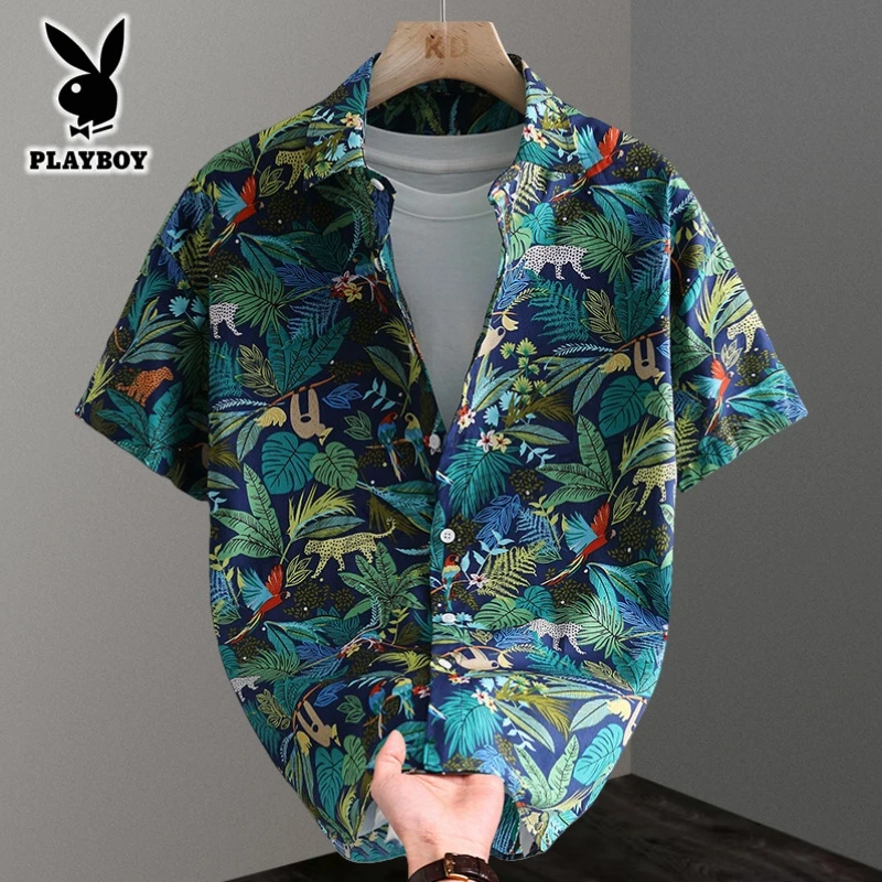 PLAYBOY/花花公子男装夏季新款冰丝薄款短袖衬衫港风休闲潮流上衣