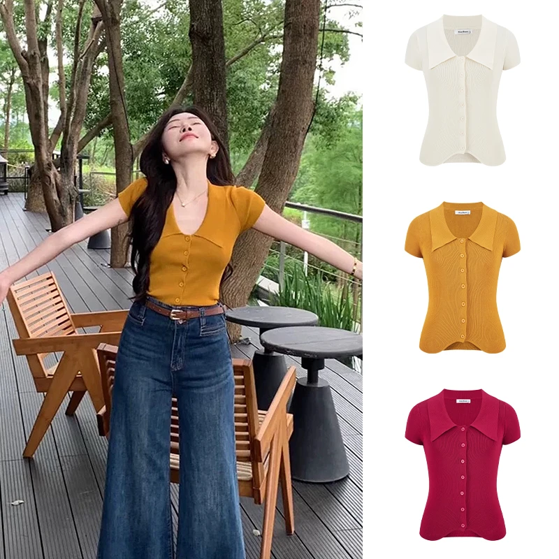 Moses Queen/魔西女王法式翻领小飞袖针织小衫洋气显瘦开叉上衣女