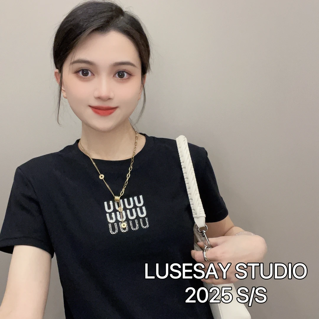 LUSESAY 字母烫钻 2025新款 重工短袖T恤女百搭时尚上衣ins潮