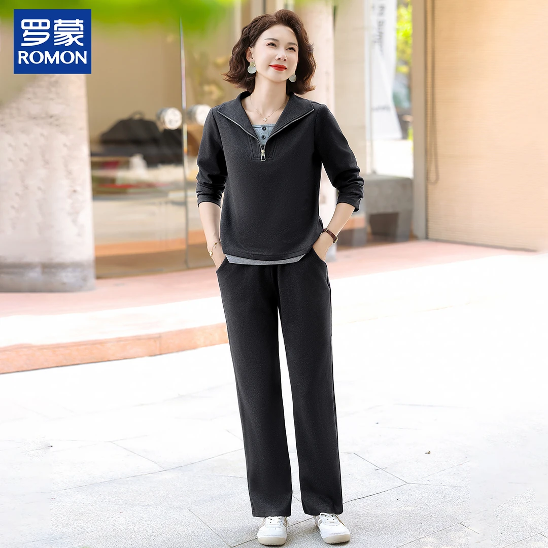 罗蒙妈妈秋装时尚休闲运动套装中老年女秋季假两件上衣宽松两件套