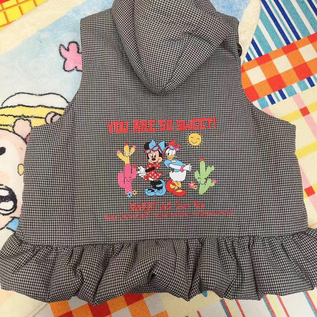 《晓辰推荐》日系蓝格子宽松休闲风加厚连帽棉服花边马甲冬季