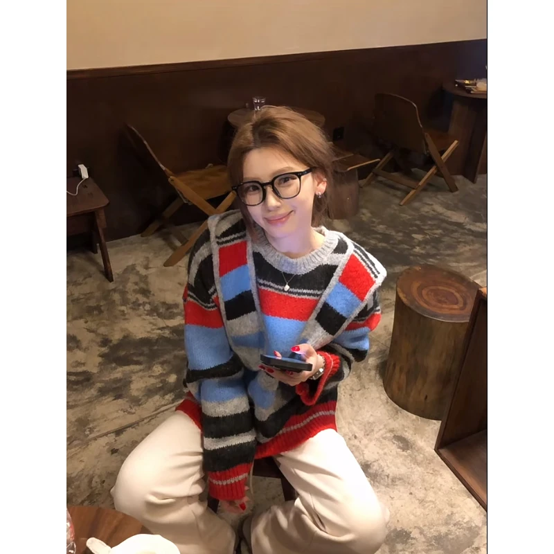 高级感时尚通勤慵懒设计撞色拼接连帽针织衫小个子显瘦长袖上衣女