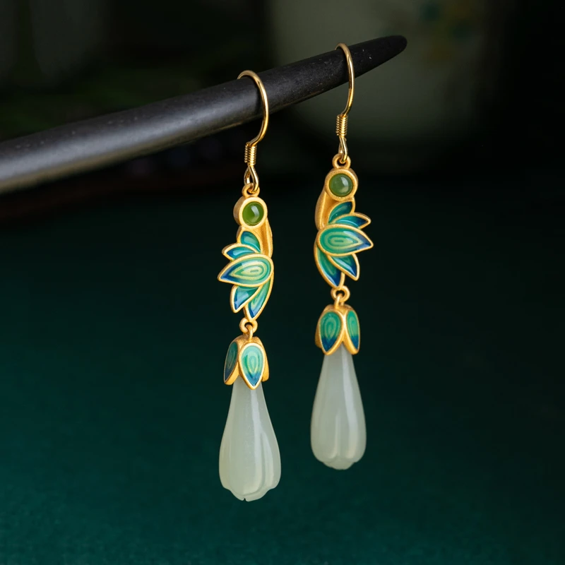 白玉兰花银耳环女珐琅莲花耳坠国风复古耳饰青白玉耳饰送姑娘仙气