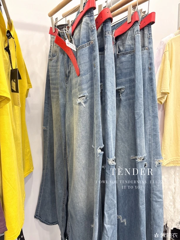 夏季新款高腰窄版显瘦阔腿直筒破洞牛仔裤