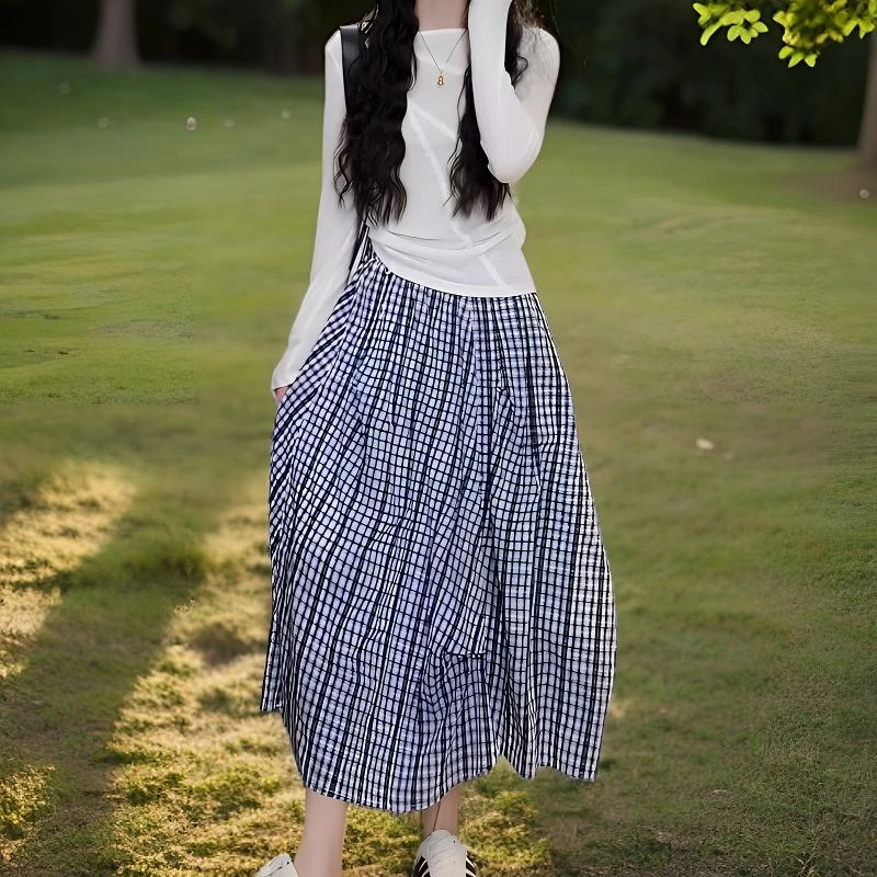 夏季新款纯色蕾丝花边长袖T恤上衣百搭不规则格子半身裙气质套装