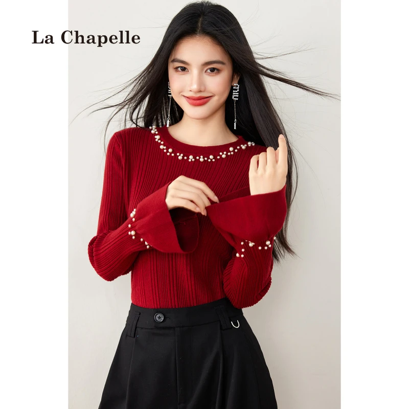 拉夏贝尔显瘦2025秋冬渐变拼色衫女圆领长袖加厚宽松针织打底毛衣