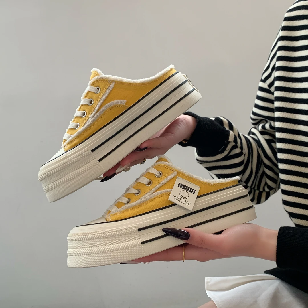 百搭半拖时尚ins休闲包头拖交叉绑带夏季洛丽塔风包头松糕底帆布