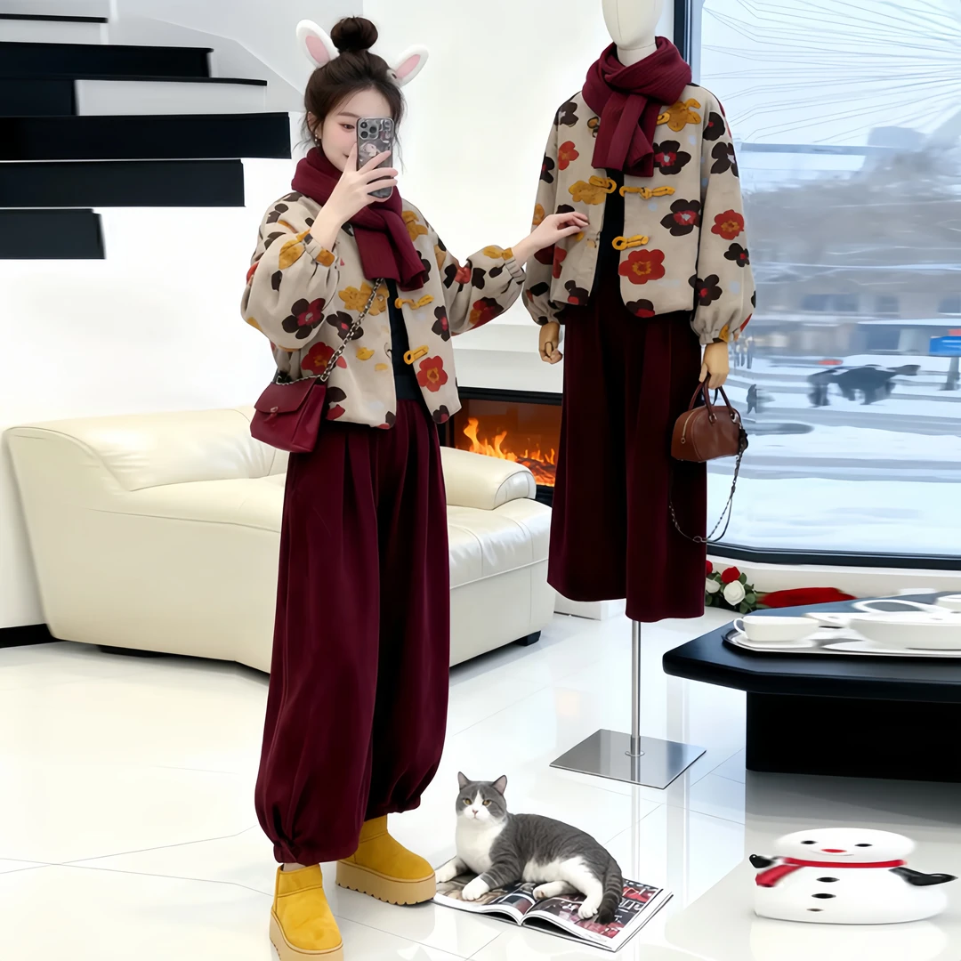 2025新款秋冬女性时尚气质慵懒风短款外套搭配高腰裤子两件套装彰